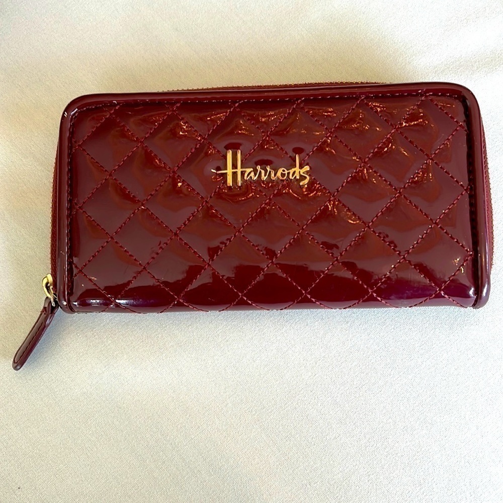 Harrods London Burgundy Purple Patent Leather Zip Around Clutch Wallet